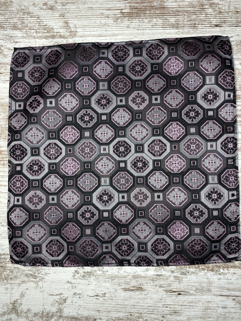 Black Gray Pink Pocket Square Geometric Medallion Silk Blend Men’s Formal